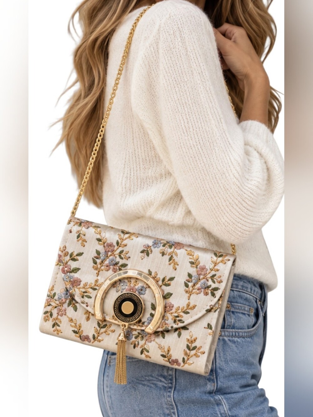 Embroidered Floral Gold Chain Evening Clutch Crossbody Bag NWOT